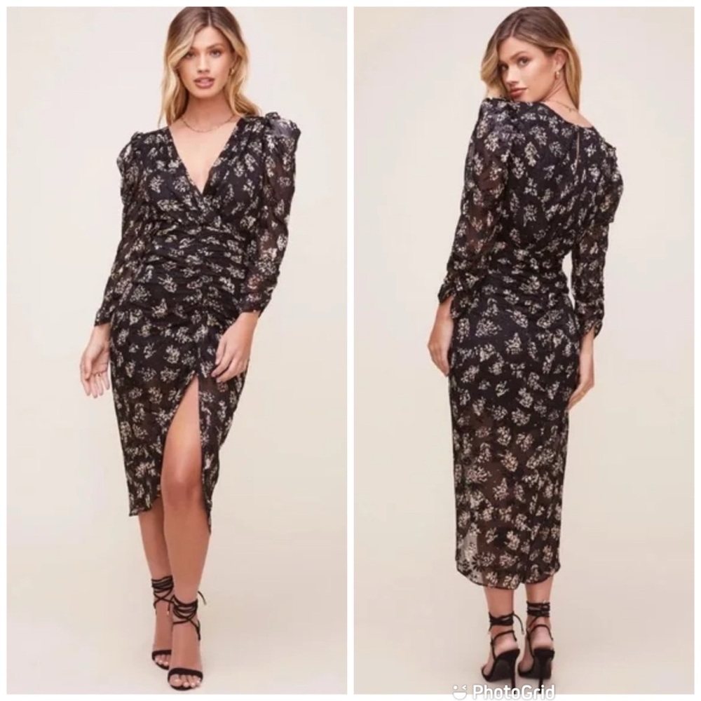 New ASTR Maven Black Floral Long Sleeve Midi Dress Small Thigh Slit Puff Sleeve‎